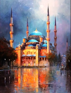 Tablou pictura cu diamante, Moscheea albastra din Istanbul, Goblen 5D, rama din lemn, 40 x 50 cm, GM10057