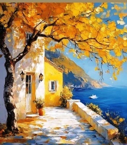 Tablou pictura pe numere, Casa mediteraneana, rama din lemn, 40 x 50 cm, PM10044