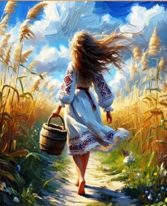 Tablou pictura pe numere, Fata in port traditional, rama din lemn, 40 x 50 cm, PM10058