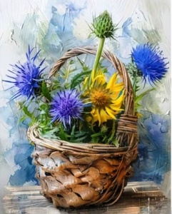 Tablou pictura pe numere, Flori in cosulet, rama din lemn, 20 x 30 cm, PM10065