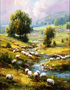 Tablou pictura pe numere, Turma de oi, rama din lemn, 40 x 50 cm, PM10053