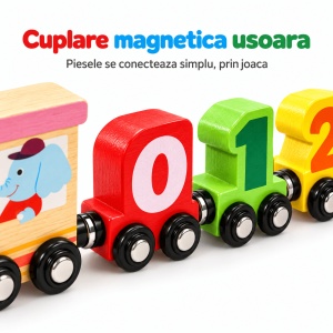 Trenulet magnetic din lemn cu numere 0–20 si semne matematice – 27 de piese - Cifre - Img 6