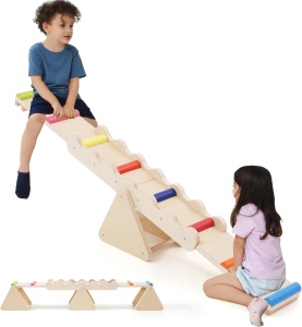 Balansoar din lemn multifunctional 2 in 1, cu barna de echilibru si elemente colorate, 3–6 ani