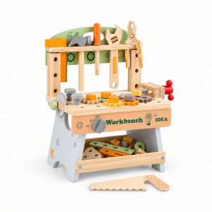 Banc de lucru din lemn WorkBench Idea, cu unelte, menghina si piese de constructie