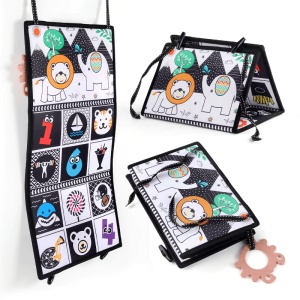 Carte din material textil cu elemente senzoriale si imagini contrastante stimualare vizuala, 0-12 luni