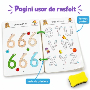 Carte educativa reutilizabila, 64 de pagini cu activitati de trasare, asociere, litere si cifre - Leu - Img 5