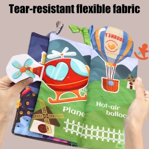 Carte textila senzoriala pentru bebelusi cu elemente fosnitoare si cozi textile - Vehicule - Img 3