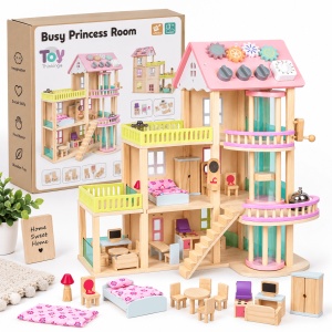 Casuta de papusi Montessori din lemn, cu 3 niveluri, lift manual, mobilier si panou Busy Board