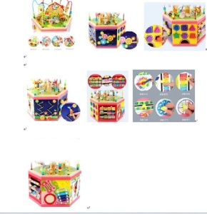 Centru de activitati cub Montessori 7 in 1 din lemn, Hexagon
