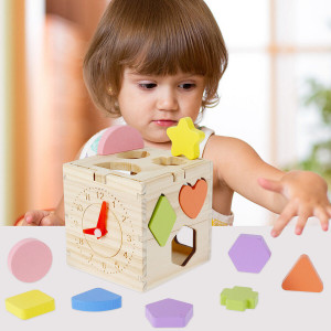 Cub sortator cu forme geometrice din lemn si ceas
