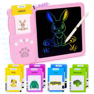 Joc educativ 2 in 1 cititor de carduri cu redare sunet si tableta de scris LCD, 224 cuvinte, Limba engleza, Ursulet, Roz
