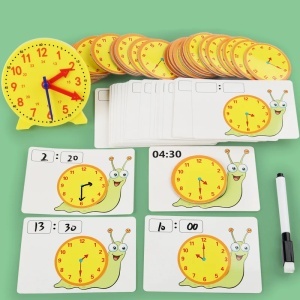 Joc educativ pentru invatarea ceasului cu carduri reutilizabile si ceas analog, 72 piese