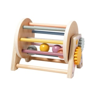 Jucarie Montessori tambur 3 in 1 cu 4 bilute colorate, rotite si oglinda