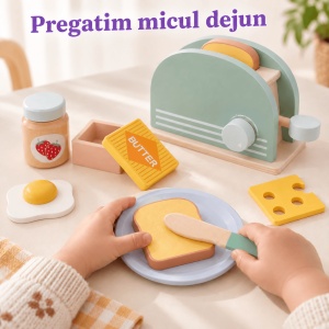 Jucarie prajitor de paine din lemn cu accesorii pentru micul dejun, Toaster Bread, 9 piese - Img 2