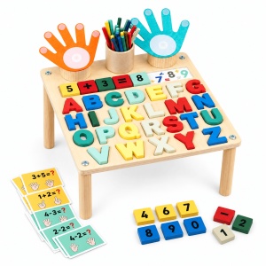 Masuta Montessori 2 in 1 din lemn, manute pentru numarat si cartonase cu operatii - Alfabet