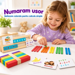 Pachet educativ din lemn cu litere, cuvinte, calcule, numarare si sortare, joc alfanumeric si 50 betisoare colorate - Img 4
