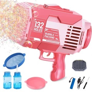 PIstol cu baloane colorate, 2 capete interschimbabile 132/73 orificii, acumulator, lumini, rezerve lichid, Bubble Gun, Roz