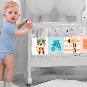 Protectie pentru patut 2 in 1 tip carte senzoriala, Litere si animalute