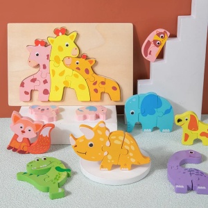 Puzzle din lemn cu piese groase, Familia animalutelor
