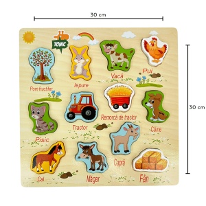 Puzzle incastru din lemn cu piese groase, Limba Romana, Ferma