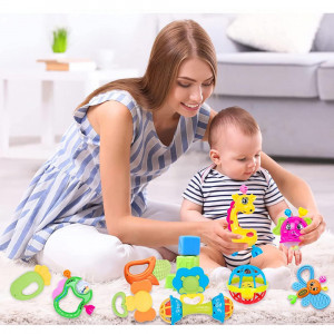 Set 10 jucarii zornaitoare din silicon cu forme si texturi diferite, multicolor