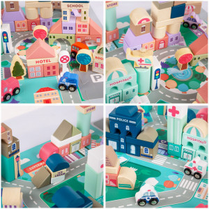 Set 115 piese de constructie din lemn cu plansa, Orasel