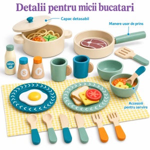 Set de bucatarie pentru copii, cu ustensile, vesela si alimente din lemn – 40 de piese - Img 5