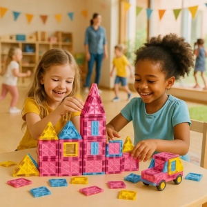 Set de constructie cu piese Magnetice, 60 piese - Roz