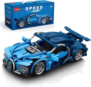 Set de constructie masina cu 423 piese, sistem pull-back, scara 1:18 - Masinuta albastra