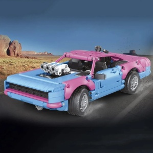 Set de constructie masina sport retro Muscle Car, roz-bleu, motor cu pistoane mobile, 925 piese - Img 2