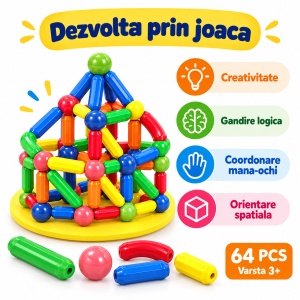Set de constructii magnetice 3D, Magnetic Sticks, bile si tije colorate – 64 piese - Img 4