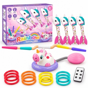Set de joaca activa 3 in 1 Unicorn, cu muzica, telecomanda, 4 rachete si 12 inele