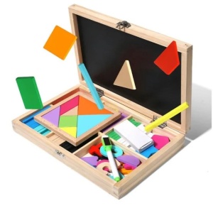 Tabla educativa montessori cu 2 fete, betisoare, cifre si tangram