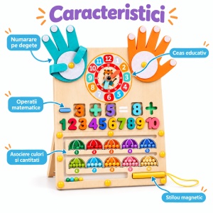 Tablita multifunctionala Montessori din lemn, cu numarare pe degete, labirint magnetic si ceas educativ, 3 ani+ - Img 5