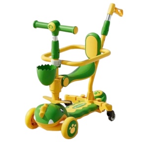 Trotineta 6 in 1 cu sunete, roti luminoase, maner, bare protectie, 2-12 ani, Dino, verde - Img 1
