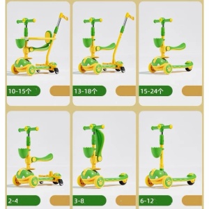 Trotineta 6 in 1 cu sunete, roti luminoase, maner, bare protectie, 2-12 ani, Dino, maroniu - Img 8