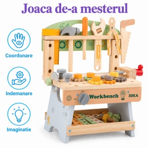 Banc de lucru din lemn WorkBench Idea, cu unelte, menghina si piese de constructie - Img 8