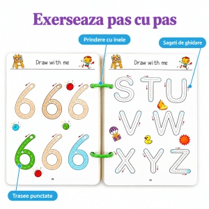 Carte educativa reutilizabila, 64 de pagini cu activitati de trasare, asociere, litere si cifre - Leu - Img 2