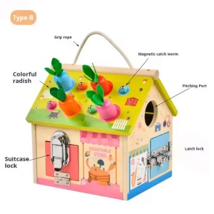 Casuta educativa din lemn 8 in 1 cu activitati Montessori - Morcovi