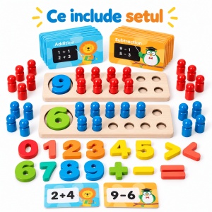 Joc educativ de matematica din lemn, cu pioni de numarare, cifre si carduri pentru adunari si scaderi - Img 7