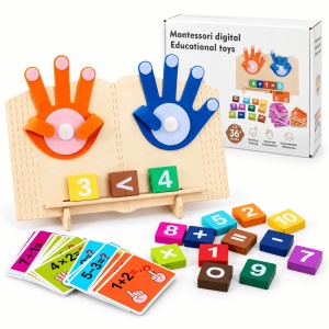 Joc educativ matematic din lemn, Primele calcule, cu palme din fetru si carduri - Img 7