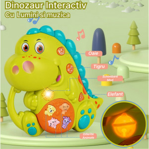 ucarie interactiva muzicala cu functii si lumini, Orga Dinozaur, Verde