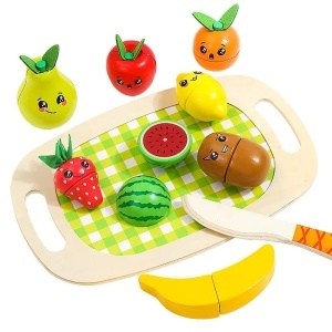 Jucarie set de feliat din lemn cu 8 fructe, tocator si accesorii