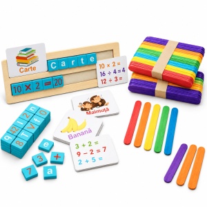 Pachet educativ din lemn cu litere, cuvinte, calcule, numarare si sortare, joc alfanumeric si 50 betisoare colorate