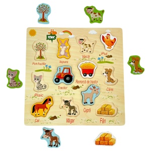 Puzzle incastru din lemn cu piese groase, Limba Romana, Ferma