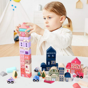Set 115 piese de constructie din lemn cu plansa, Orasel