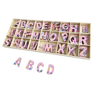 Set 135 litere alfabet craft din lemn, cutie depozitare, Roz