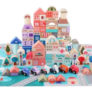 Set 115 piese de constructie din lemn cu plansa, Orasel