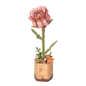 Set creativ DIY floare decorativa din lemn pentru asamblare si pictura, 121 piese - Trandafir roz
