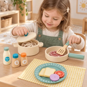 Set de bucatarie pentru copii, cu ustensile, vesela si alimente din lemn – 40 de piese - Img 2